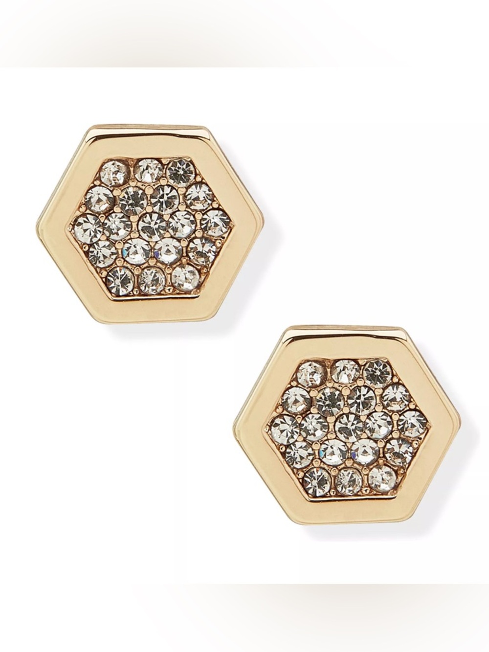 DKNY Gold Tone Crystal Pavé Hex Stud Button Earrings